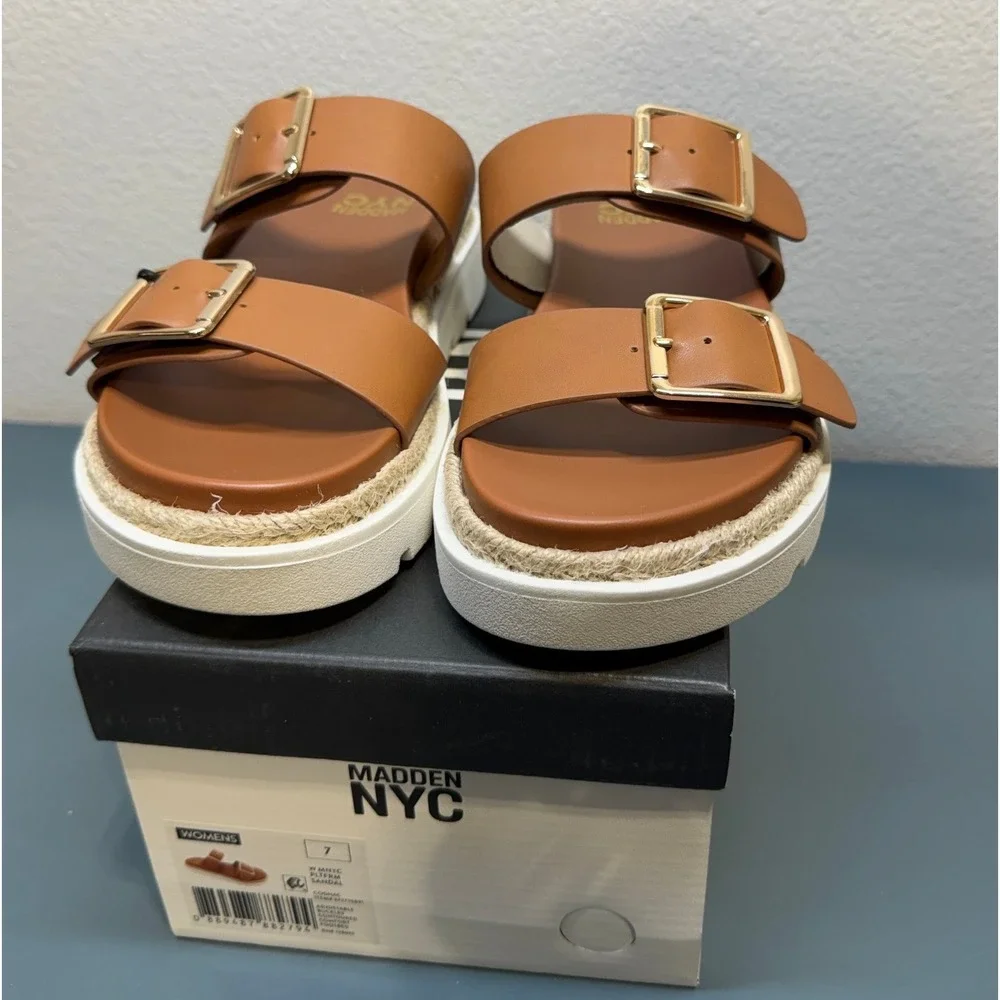 Madden NYC Womens Platform Sandals Cognac Brown Gold Buckle Lug Sole Size 7 NEW - Picture 2 of 5
